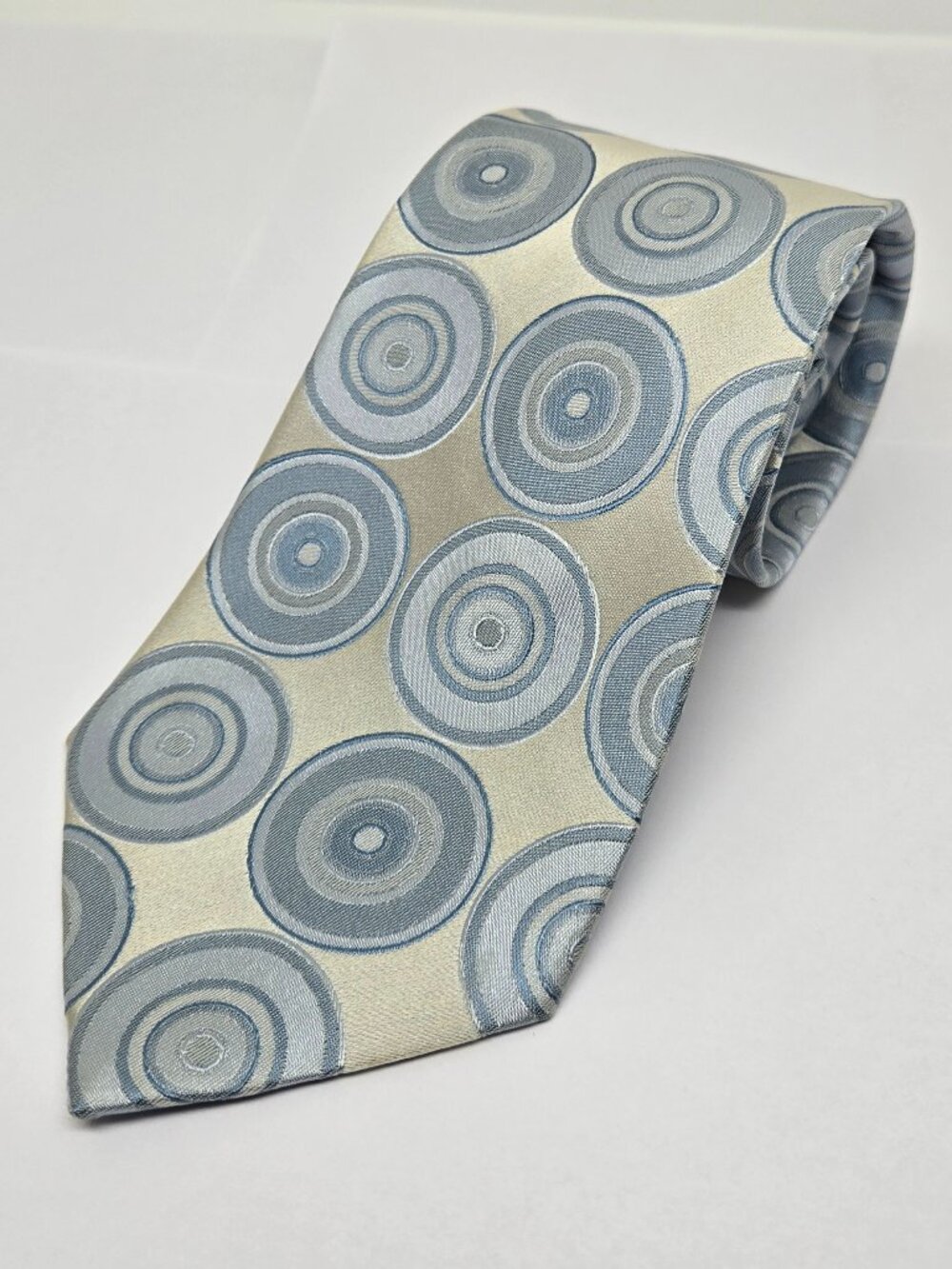 Axist 100% Silk 60" Tie, Geometric, Satin, Circles, Blue, Cream